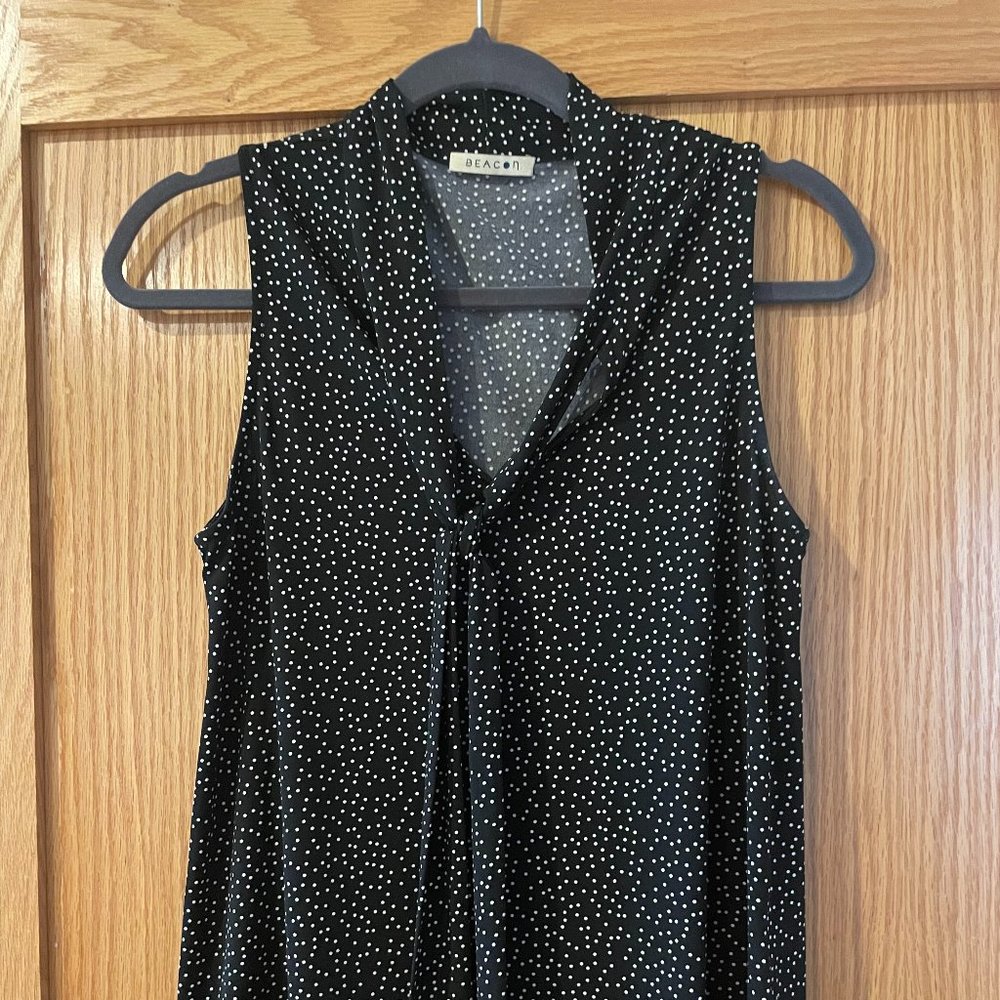 Black Polka Dot Sleeveless Blouse with Tie Detail Size M Beacon